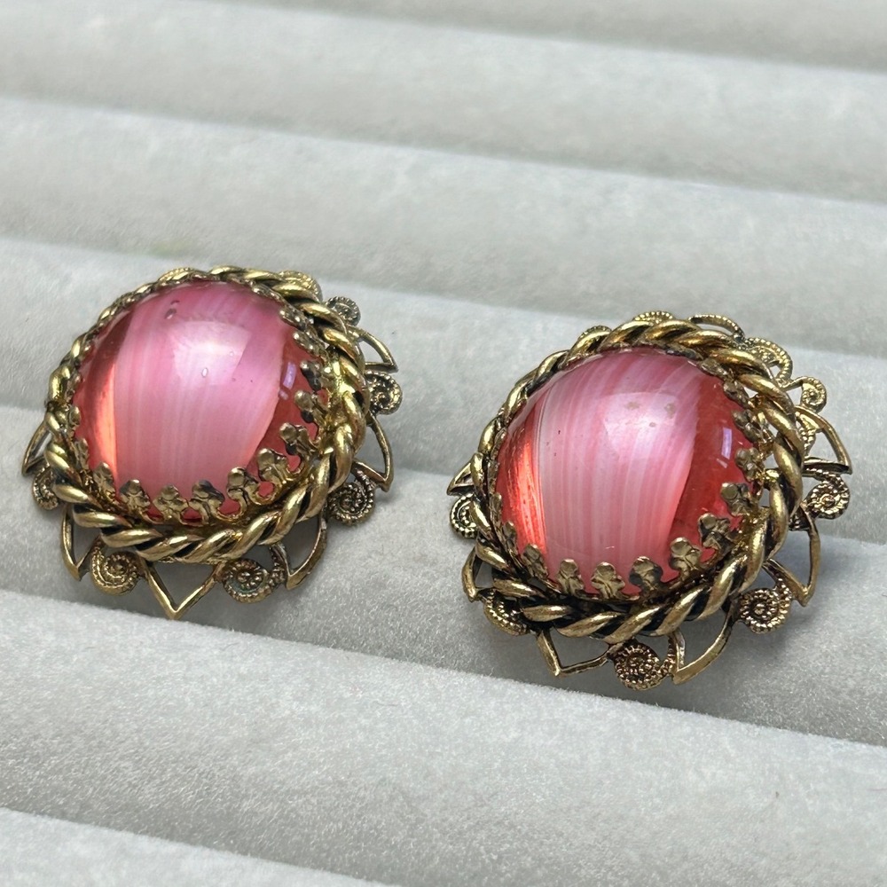 Germany Pink Striped Glass Cabochon Earrings Gold Tone Filigree Clip On Vintage